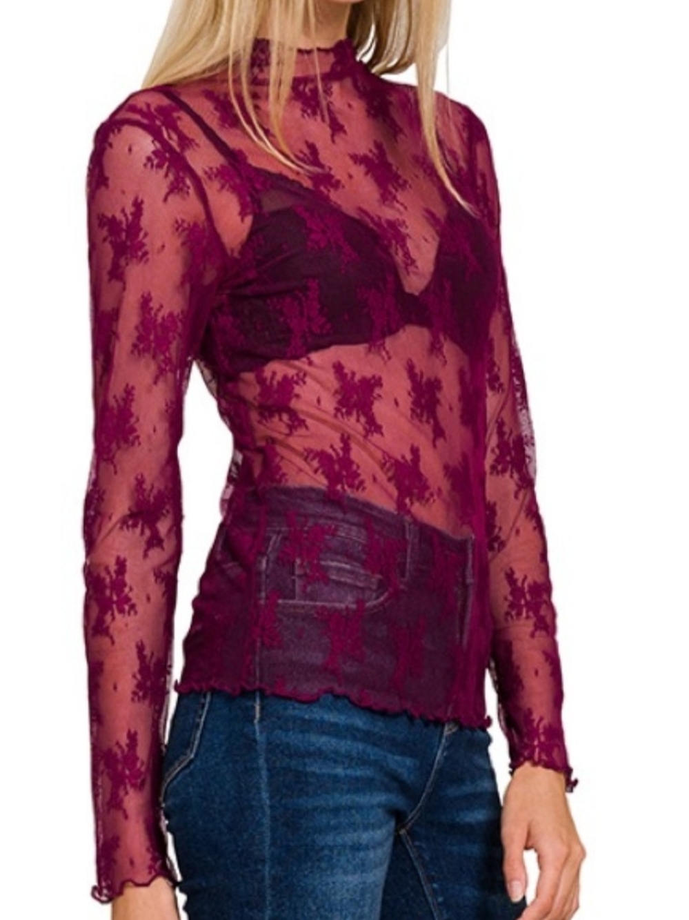 NWOT Zenana Outfitters Sheer Lace Floral Long-Sleeve Top in Burgundy